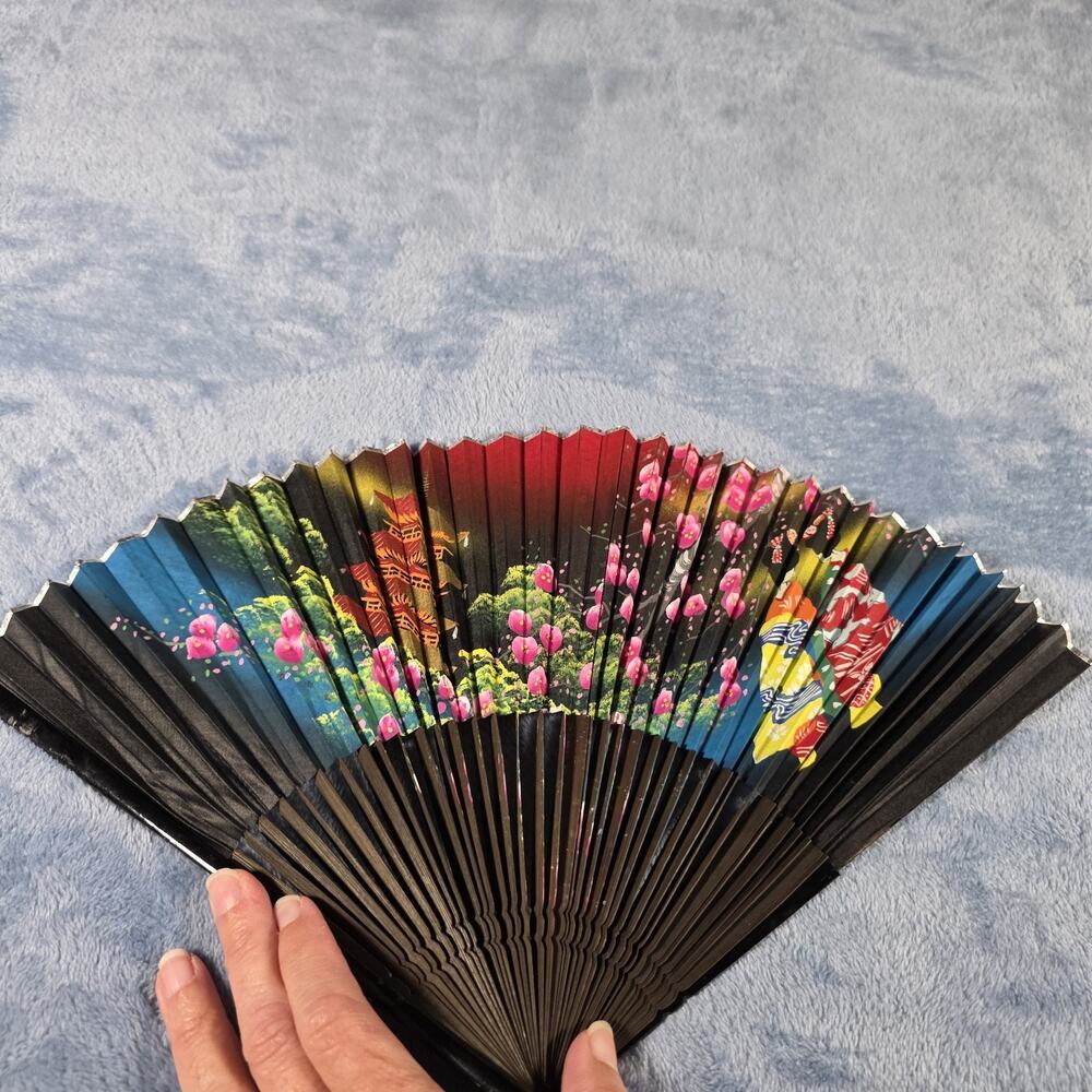 Lot of 2 Vintage Asian Folding Hand Fans Bamboo Wood Cranes Pagoda Floral